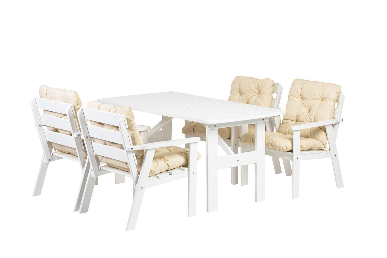Āra mēbeļu komplekts, galds un 4 krēsli, baltā krāsā, ar gaišiem smilškrāsas spilveniem, izgatavots Lietuvā cena un informācija | Dārza mēbeļu komplekti | 220.lv
