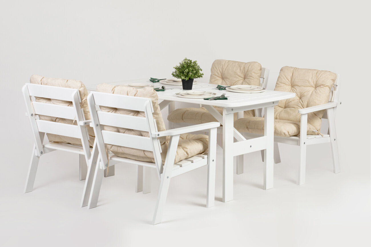 Āra mēbeļu komplekts, galds un 4 krēsli, baltā krāsā, ar gaišiem smilškrāsas spilveniem, izgatavots Lietuvā cena un informācija | Dārza mēbeļu komplekti | 220.lv