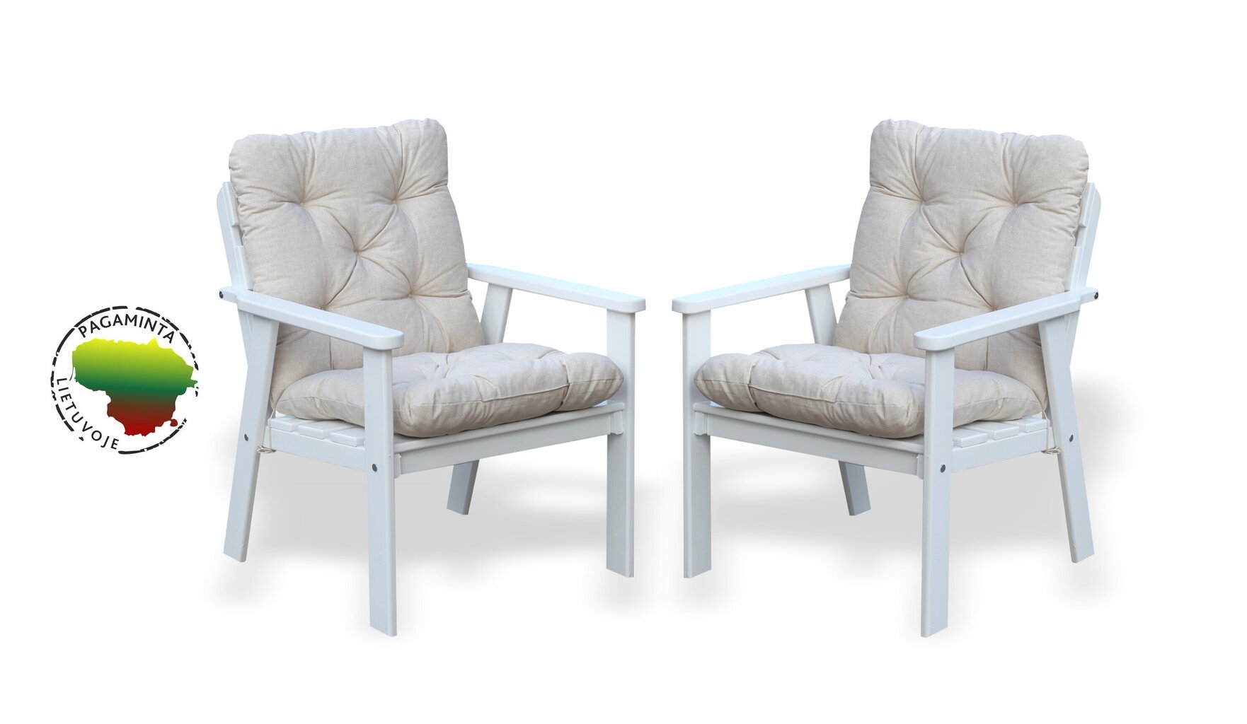 Stilīgs baltu dārza krēslu komplekts “Atlanta” 2 gab., ar gaiši bēšiem spilveniem, izgatavots Lietuvā cena un informācija | Dārza krēsli | 220.lv