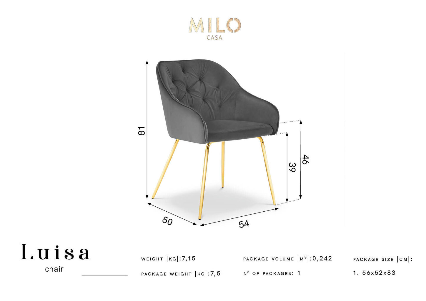 Krēsls Milo Casa Luisa, zilas/zeltainas krāsas цена и информация | Virtuves un ēdamistabas krēsli | 220.lv