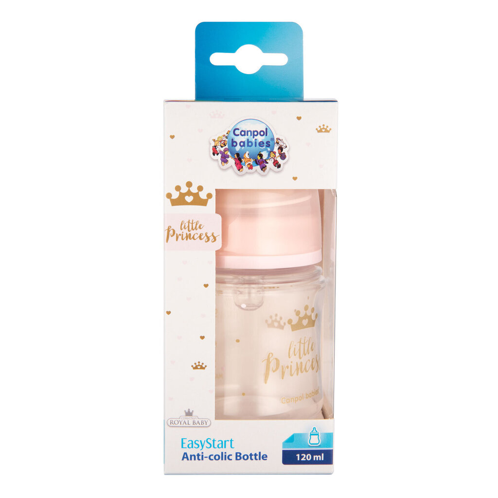 Plata kakla pudelīte Canpol Babies, Anti-colic PP Easy Start Royal Baby, 120 ml, 35/233, pink cena un informācija | Bērnu pudelītes un to aksesuāri | 220.lv