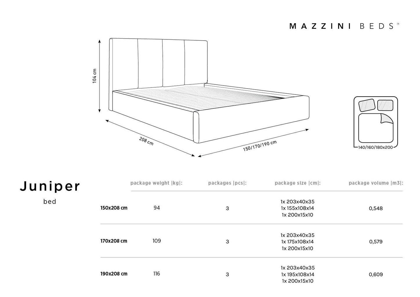 Gulta Mazzini Beds Juniper 4, 140x200cm, gaiši pelēka cena un informācija | Gultas | 220.lv