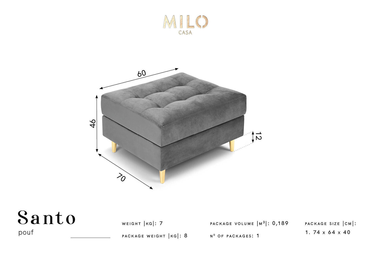 Pufs Milo Casa Santo, smilškrāsas/zeltainas krāsas cena un informācija | Sēžammaisi, pufi | 220.lv