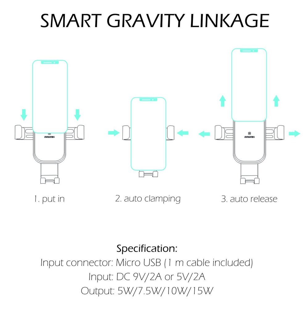 Swissten GW1-AV5 Air Vent Turētājs Gaisa Restei Ar 15W Wireless Uzlādi + Micro USB Vads 1m Melns cena un informācija | Auto turētāji | 220.lv