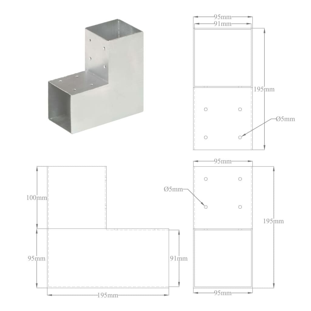 vidaXL stabu savienotājs, L forma, cinkots metāls, 91x91 mm cena un informācija | Žogi un piederumi | 220.lv