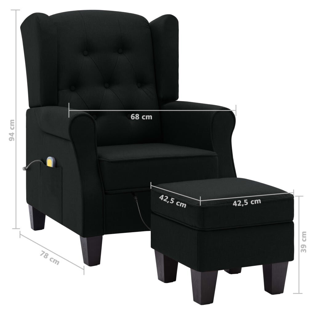 vidaXL masāžas krēsls ar kāju soliņu, melns audums цена и информация | Atpūtas krēsli | 220.lv