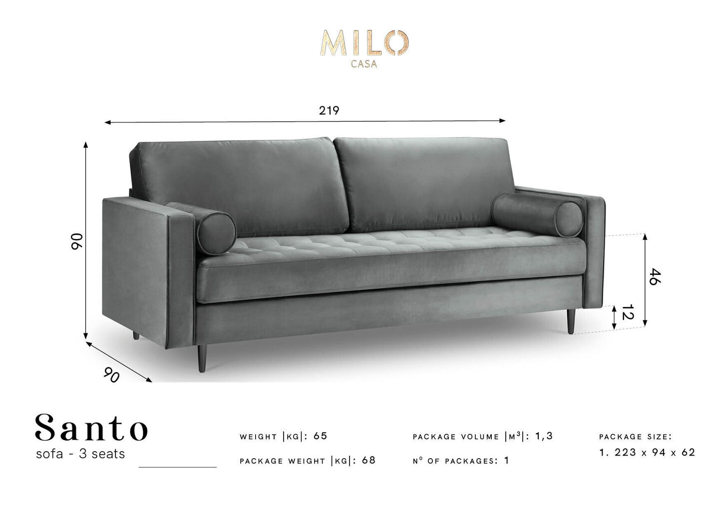 Trīsvietīgs dīvāns Milo Casa Santo, tumši pelēks cena un informācija | Dīvāni | 220.lv