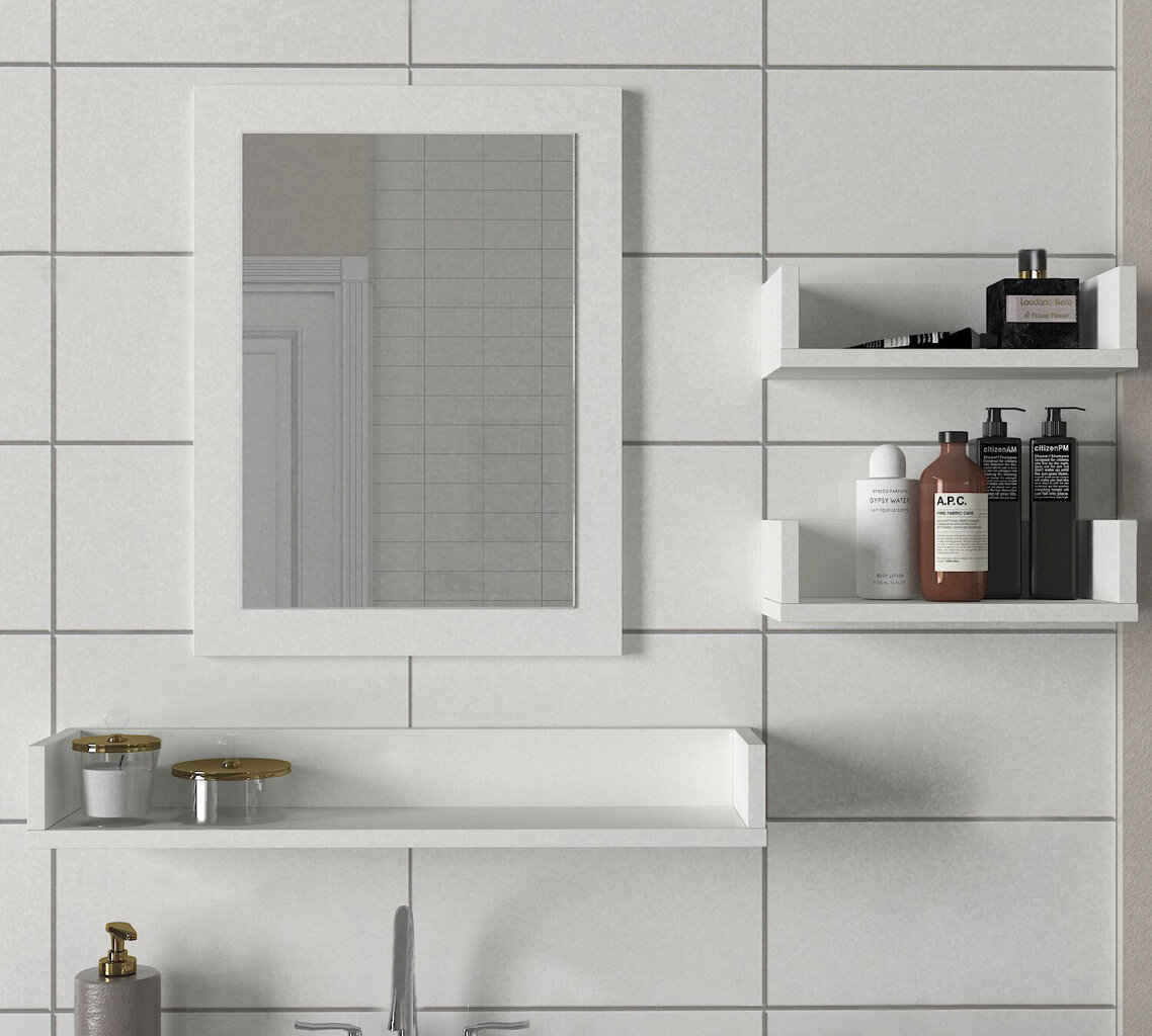 Vannas istabas plauktu komplekts ar spoguli Kalune Design, balts cena un informācija | Vannas istabas skapīši | 220.lv