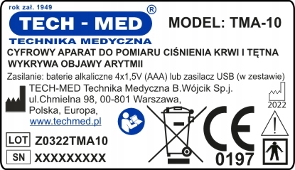 PLECA SPIEDIENA MĒRĪTĀJS TECH-MED TMA-10 BAROŠANAS APGĀDE Saglabāto mērījumu skaits 188