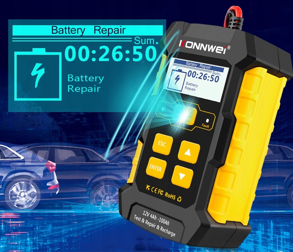 TESTERIS un LĀDĒTĀJS 12V 5A 4-100Ah AKUMULATORAM Zīmols Konnwei