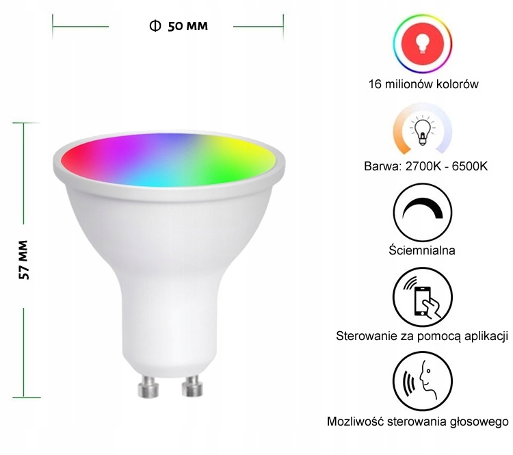 Telefona vadāmā spuldze GU10 WIFI TUYA 5W Produkta svars ar vienības iepakojumu 0,03 kg