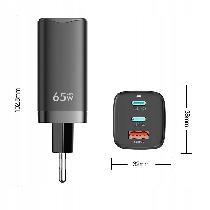 Sienas lādētājs Feegar GaN 65W 3x USB Type C PD USB savienotāji Type C USB