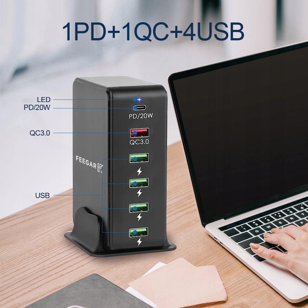 Sienas lādētājs Feegar Tower 86W 6x USB Type C Produkta svars ar vienības iepakojumu 0,218 kg