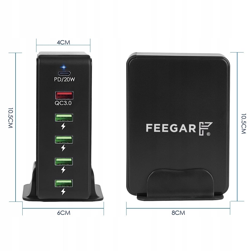 Sienas lādētājs Feegar Tower 86W 6x USB Type C Melns