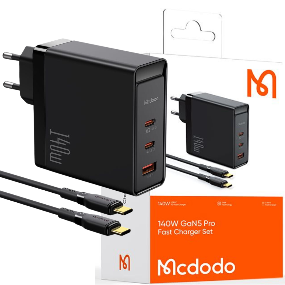 Адаптер Зарядное устройство USB-C, GaN, 140 Вт + кабель USB-C 240 Вт, 2 м ,  McDodo цена | 220.lv