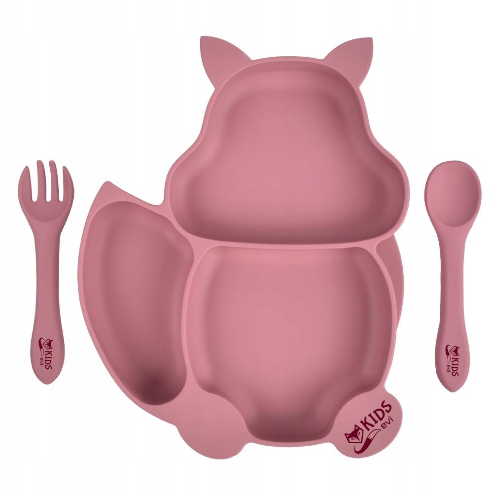 Silikona šķīvis ar piesūcekni SQUIRREL mācās ēst + BLW rozā galda piederumi