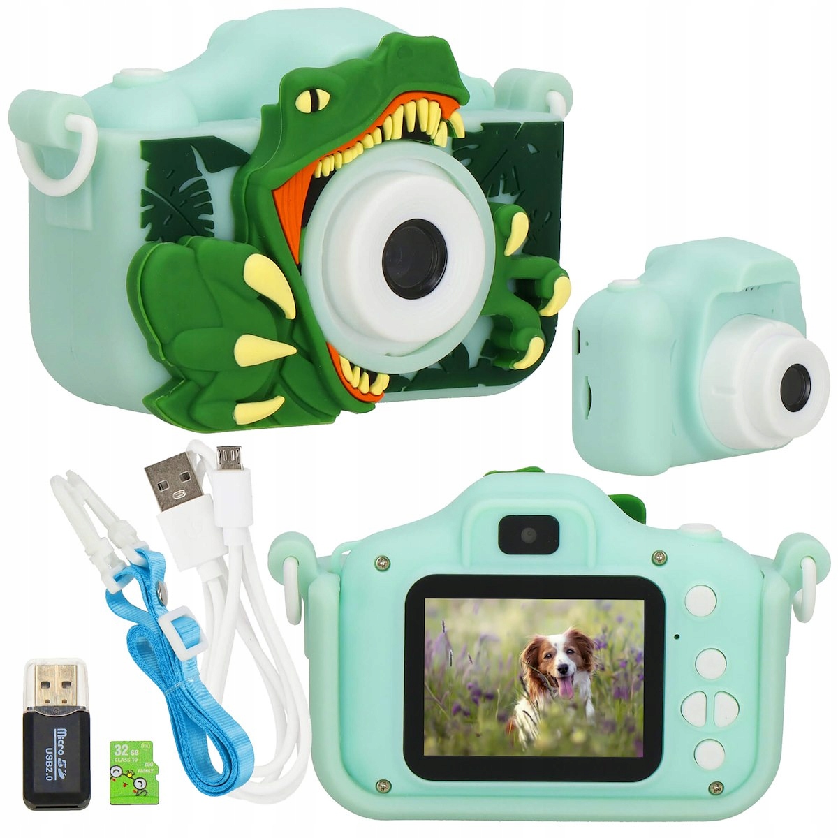 DIGITĀLĀ KAMERA BĒRNIEM 40Mpx 3 spēles GREEN DINOSAUUR + CARD