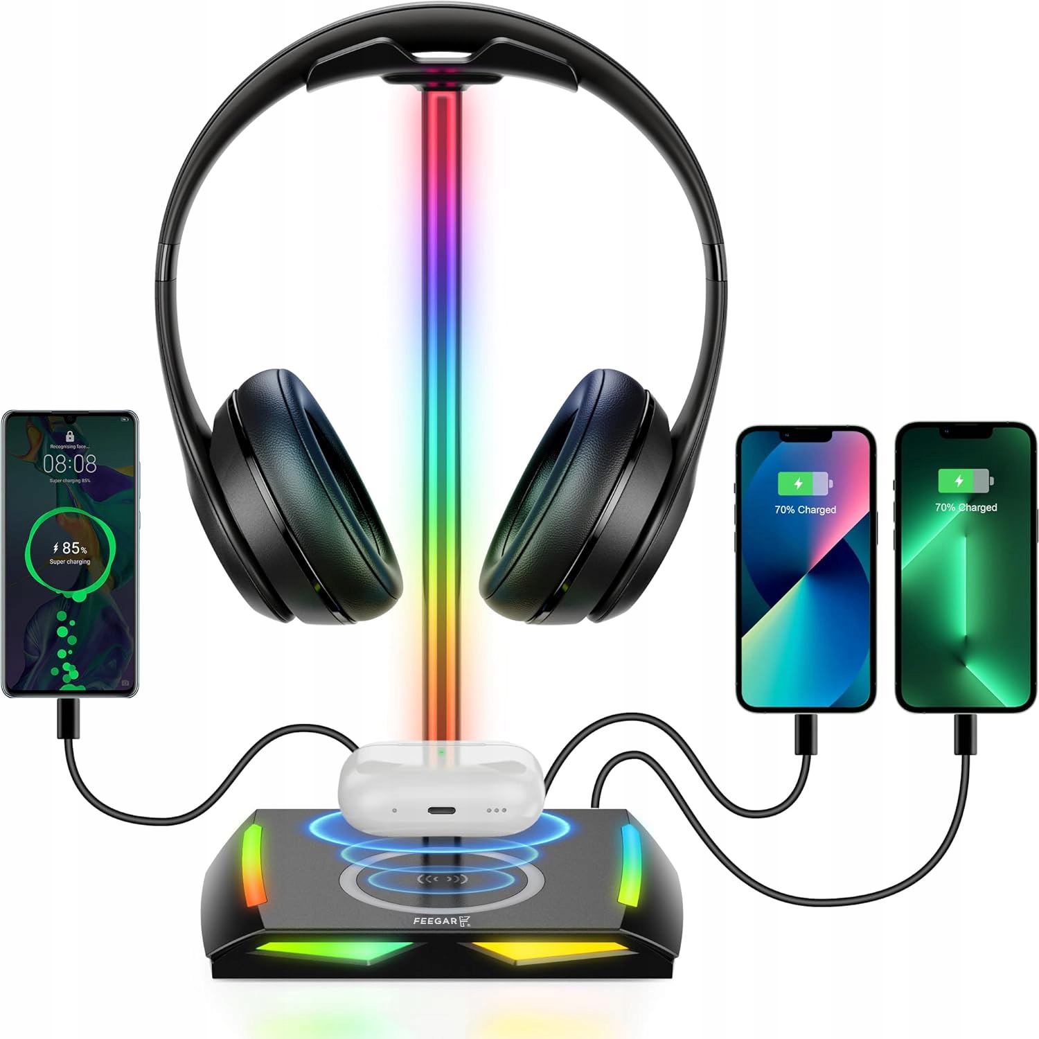 FEEGAR HOLD AUSTIŅU STATĪVS RGB fona apgaismojums HUB 3x USB Type-C indukcijas